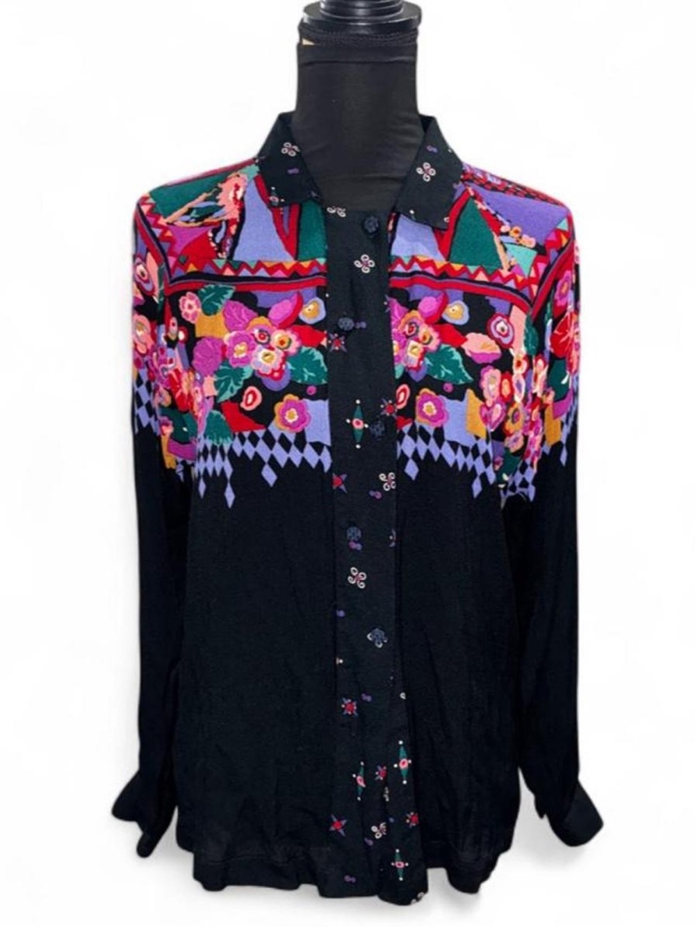Carole Little Black Floral & Geometric Button-Down Shirt
